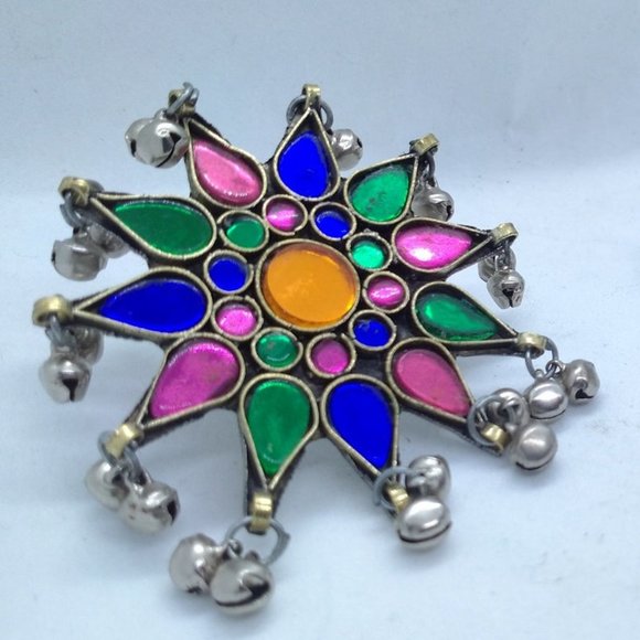 Glass Stone Ring With Dangling Silver Bells, Afghan Ethnic Ring, Massive Ring - Picture 4 of 5